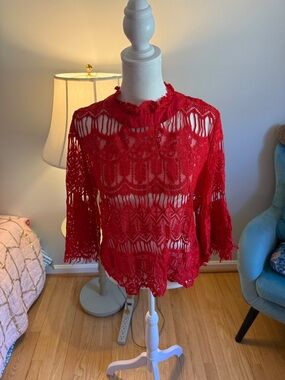 Fashion Nova Red Lace Long-Sleeve Women's Top